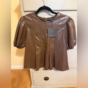 Marc New York Faux Brown Leather Puff Sleeve Top